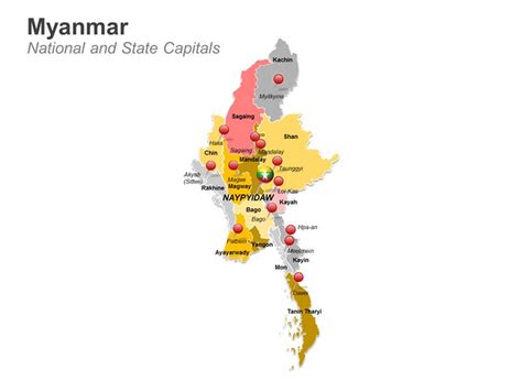 It includes country boundaries, major cities, major mountains in shaded relief, ocean depth in blue color gradient, along with many other. Myanmar Map (With images) | Editable powerpoint, Myanmar, Map