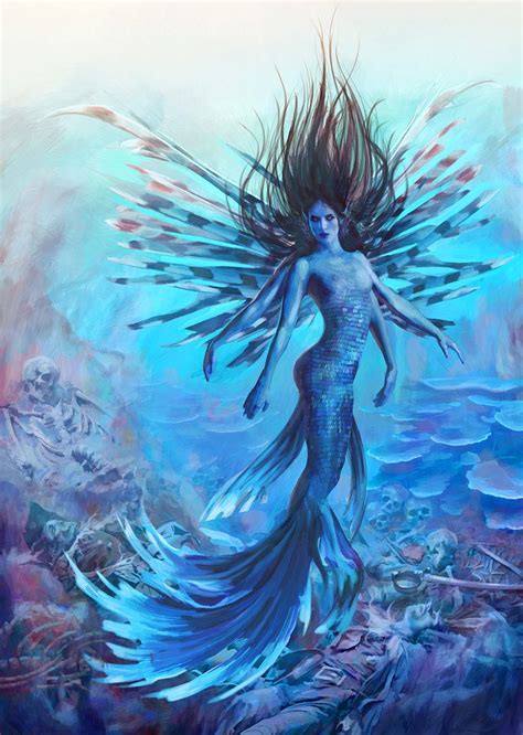 A Painting Of A Mermaid With Her Hair Blowing In The Wind Surrounded