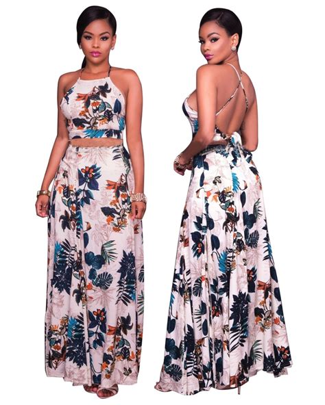 Women Floral Print Maxi Skirt Suit Summer Cross Back Crop Top And High Waist Skirt 2 Piece Set