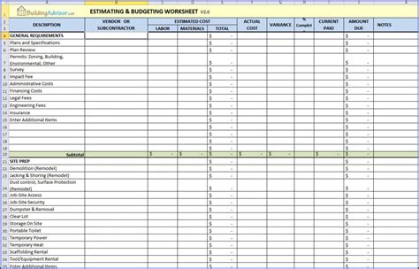 Cost Estimate Template Excel