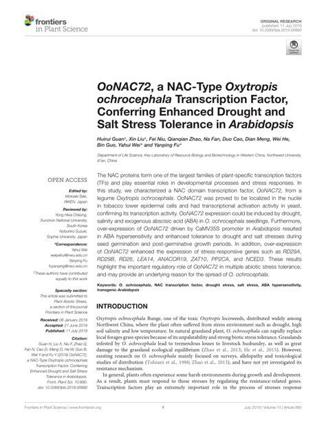 Pdf Oonac A Nac Type Oxytropis Ochrocephala Transcription Factor