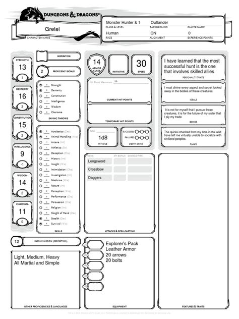 Dnd 5e Charactersheet Gretel Werewolves Role Playing Games
