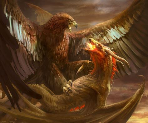 Golden Eagle Vs Dragon عقاب طلایی در نبرد با اژدها Dark Fantasy Art