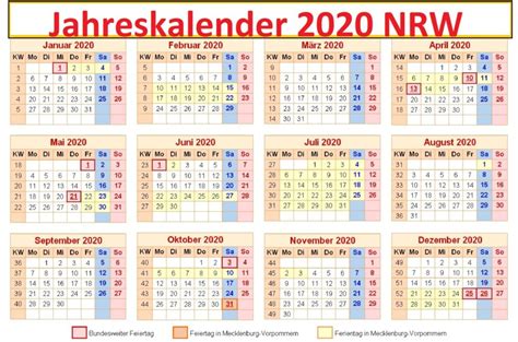 Jahreskalender 2020 Nrw Schulferien Druckbarer 2023 Kalender