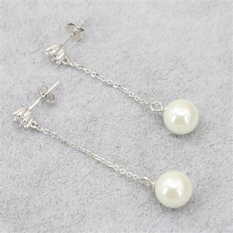 Sterling Silver Long Dangle Earrings For Women Mm White Round