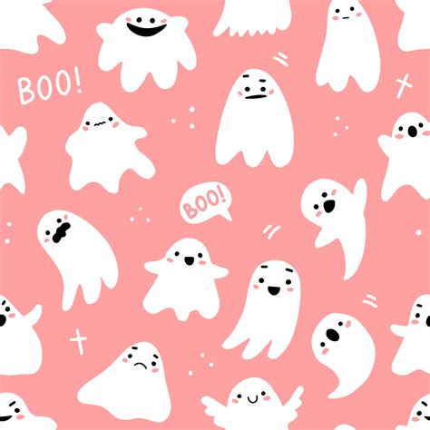 Seamless Pattern With Cute Ghosts And Lettering In Cute Cartoon Doodle