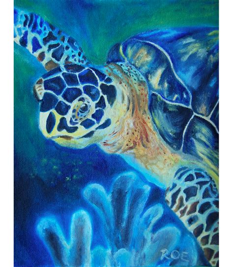 Sea Turtle Ocean Oil Painting 8x10 Aftcra