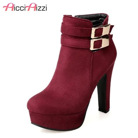 Zalavor Size 33 43 Women Ankle Boots High Heels Female Side Zipper Shoes Metal Buckle Platform