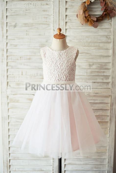 Ivory Lace Pink Tulle Open Back Pearled Waist Bows Flower Girl Dress Avivaly