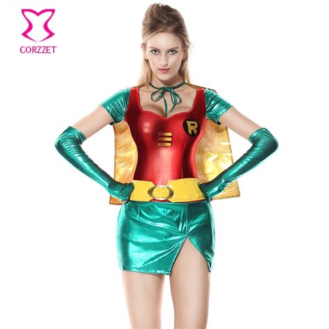 Red And Green Pvc Supergirl Cosplay Costume Sexy Superhero Costumes Women Adult Halloween