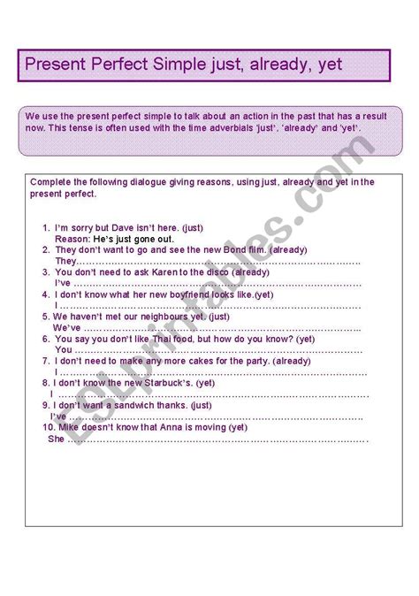 Present Perfect Simple Just Already Yet Esl Worksheet By Stef6