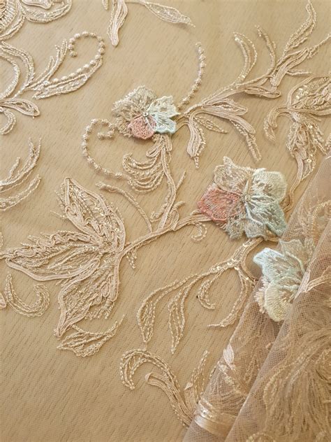 Multicolor Floral D Embroidery On Beige Tulle Fabric D Lace