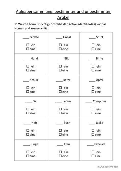 Bestimmter Und Unbestimmter Artikel English Esl Worksheets Pdf And Doc