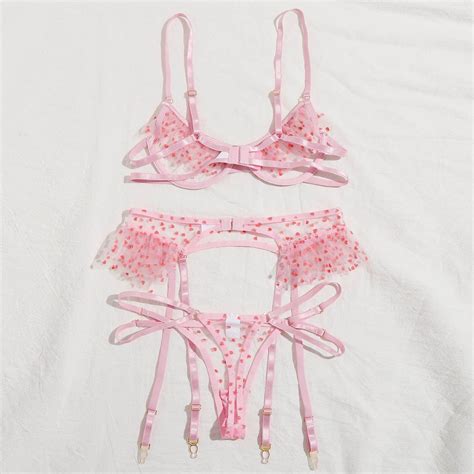 Porno Sexy Lingerie Set Open Bra Thong Garter Womens Underwear Pink
