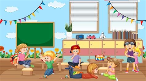 Premium Vector Scene Of Classroom With Many Kids Playing
