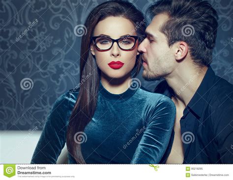 Confident Woman With Red Lips Seducing Young Man Stock Image Image Of Romance Love 95218295