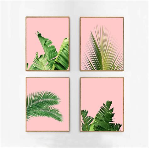Set Of 4 Tropical Leaves Leaf Prints Set Pink Green Wall Art Etsy