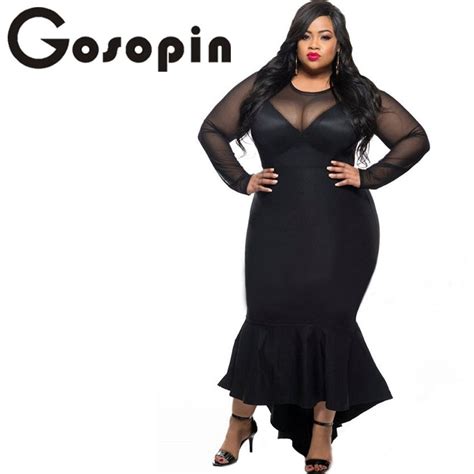 Gosopin Plus Size Women Sexy Clubwear Dress Black Mermaid High Low Maxi