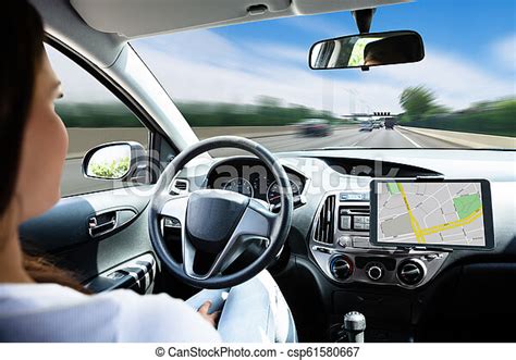 Woman Traveling By Self Driving Car Close Up Of A Woman Traveling By