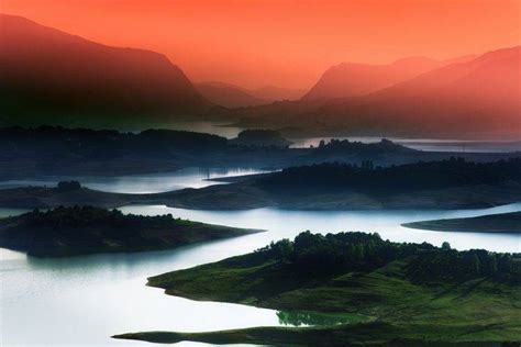 Nature Landscape Lake Sunrise Mountain Mist Red Sky Blue Water