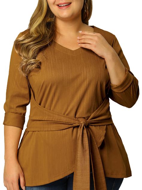 Unique Bargains Womens Plus Size Loose Belted Knot Tie V Neck Knit