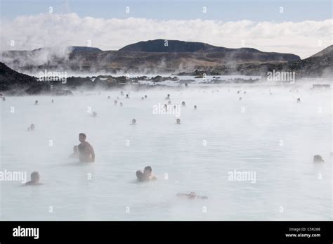 People In Mist At The Blue Lagoon Iceland Stock Photo Alamy