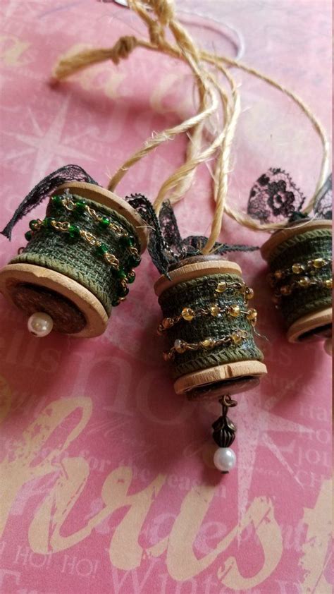 Christmas Ornament Vintage Wooden Spools With Green Burlap Ribbon And