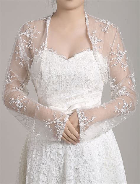 Wedding Bolero Jacket Lace White Long Sleeve Sheer Open Front Bridal