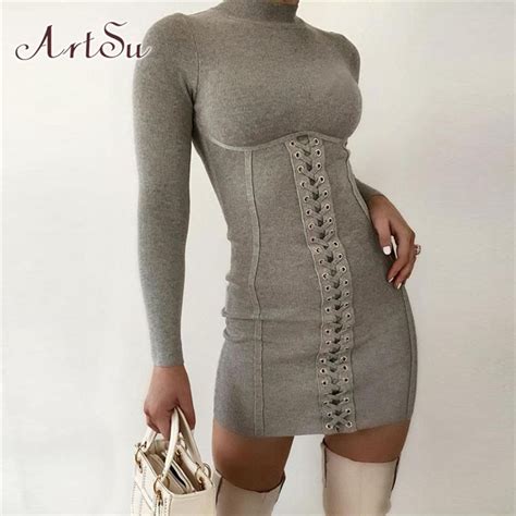Artsu 2020 Autumn Lace Up Women Dresses Winter Sexy Long Sleeve Solid Casual Mini Bodycon