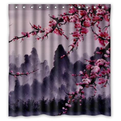 Hellodecor Cherry Blossoms Shower Curtain Polyester Fabric Bathroom Decorative Curtain Size