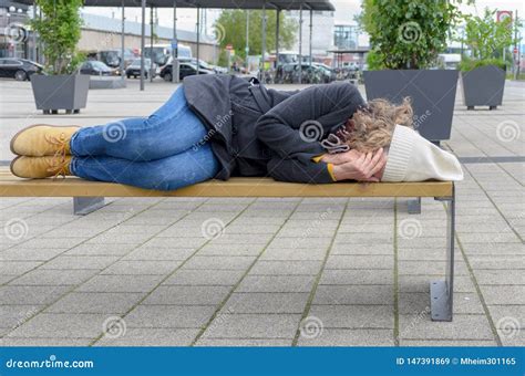 Homeless Woman Sleeping Rough On A Bench Stock Image Image Of Bench