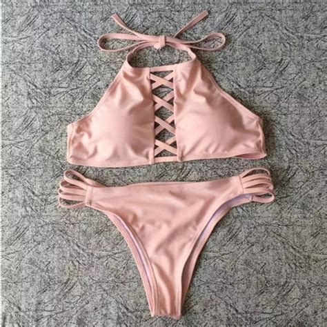 buy hot sale 2017 pink bikinis set bandages swimsuit sexy swimwear women summer