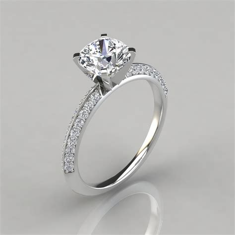 Round diamond thin band engagement ring; Knife Edge Pave Cushion Cut Engagement Ring - Forever Moissanite