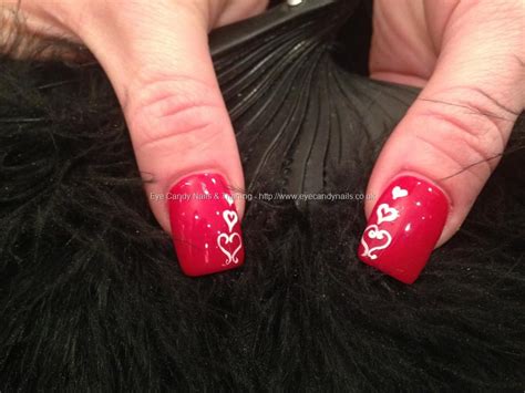 Acrylic Nails With Red Gelish Gel Polish And Freehand Nail Art With