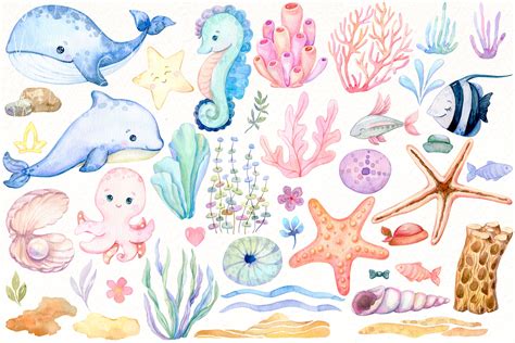 Under The Sea Watercolor Clipart Okean Png Nautical Print By
