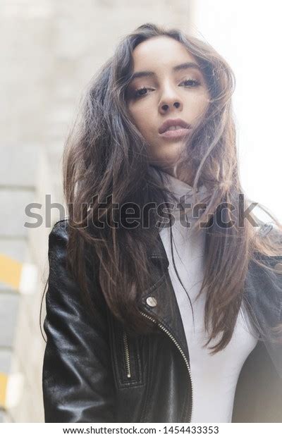 Portrait Young Woman Black Leather Jacket Stock Photo 1454433353