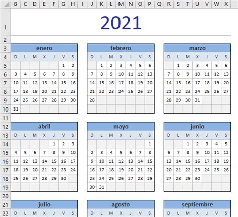 Calendario Excel 2021