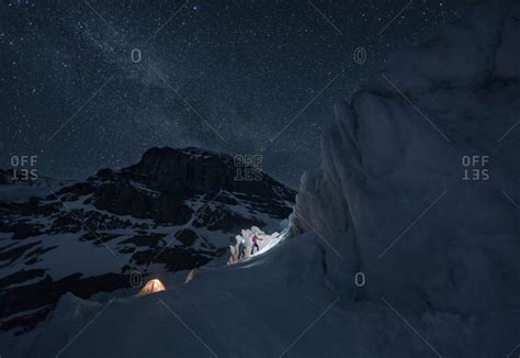Ice Climbers At Night At Athabasca Glacier Jasper National Park