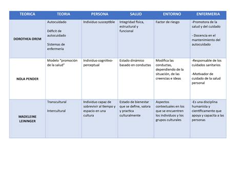 Cuadro Comparativo Teoricas Teorica Teoria Persona Salud Entorno The