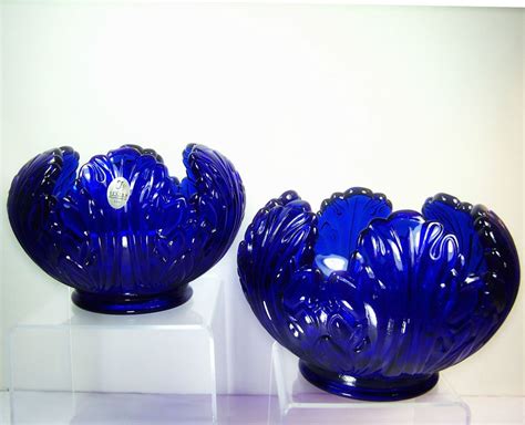 Set Of 2 Cobalt Blue Fenton Glass Candle Holder Bowls Dishes Mint Condition Fenton Glass