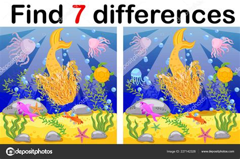 Find Differences Game Children Mermaid Underwater Cartoon