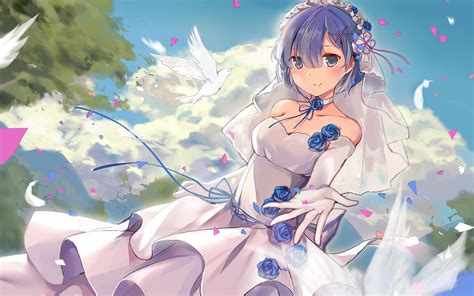 Anime Girl Beautiful Blue Rose Hair Flower Dress Wallpaper
