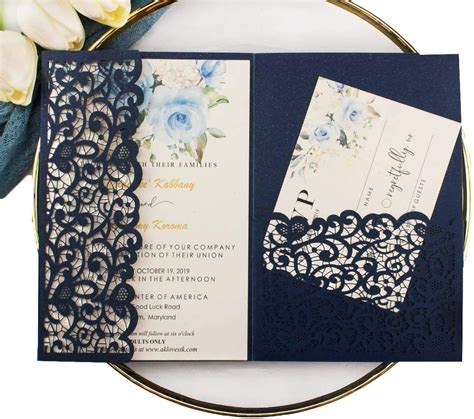 25pcs 5x728 Navy Blue Vintage Tri Fold Wedding Invitations Cards
