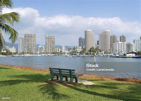 Honolulu Skyline And Ala Moana Beach Park Stock Photo Download Image