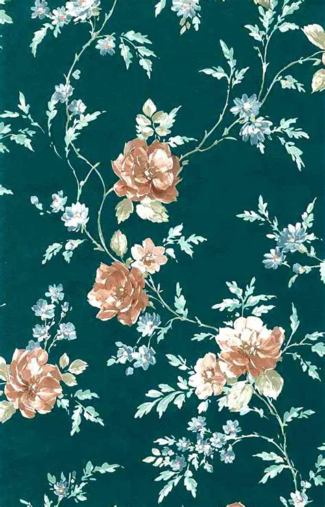 Green Satin Roses Vintage Wallpaper Blue Brown Textured 30226