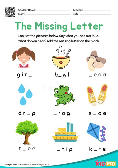 Colorful English Spelling Missing Letter Activity Printable Worksheet