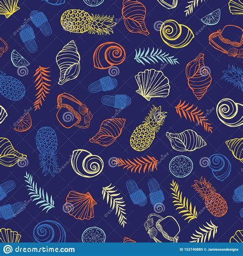 Vector Dark Blue Tropical Beach Pattern With Seashells Pinapples And