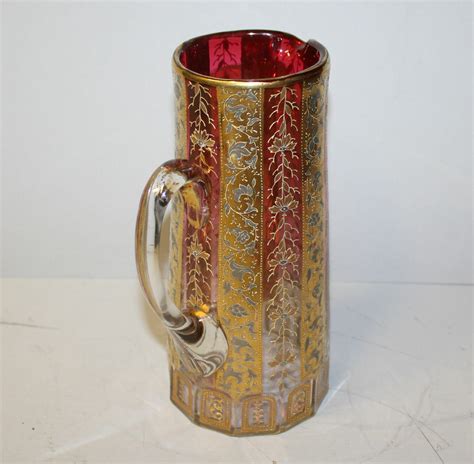 Moser Cranberry Art Glass Pitcher Done In Cranberry Gold And Platinum Ebay