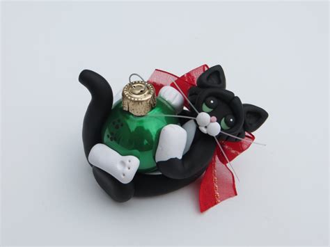 Polymer Clay Black Tuxedo Cat Christmas Ornament Figurine