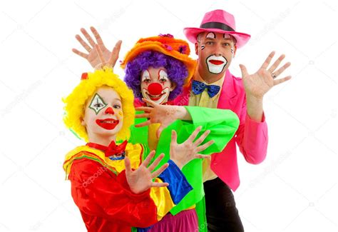 Three Dressed Up As Colorful Funny Clowns — Stock Photo © Sannie32 9588392